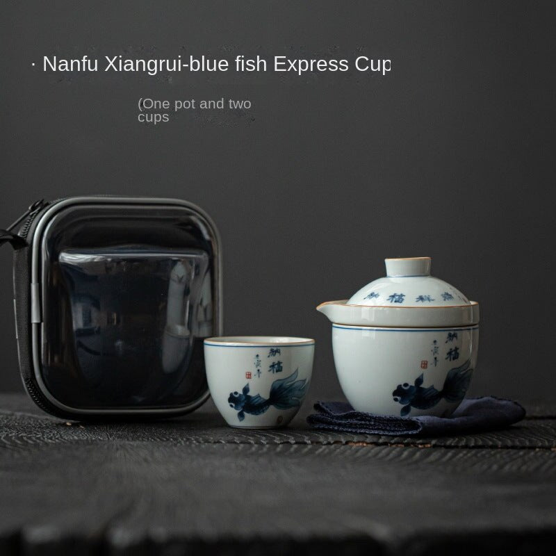 Antique Blue and White JINLONGYU Travel Tea Set