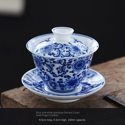 Hand-Painted Blue and White Porcelain Landscape Gaiwan