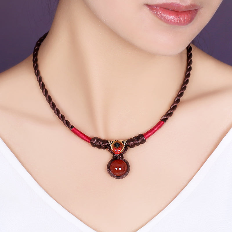Handcrafted Woven Metal Red Agate Pendant Necklace