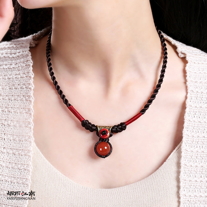 Handcrafted Woven Metal Red Agate Pendant Necklace