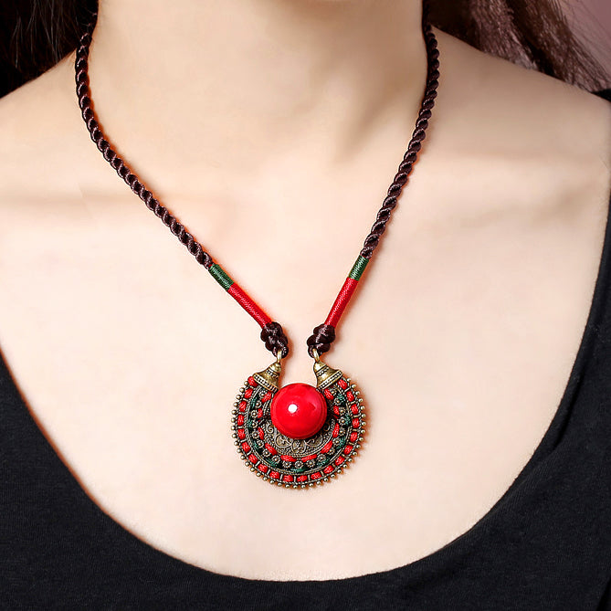 Vintage Handcrafted Woven Red Gemstone Pendant Necklace