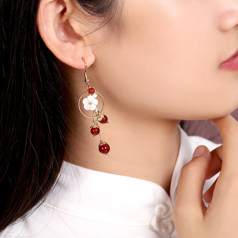 Elegant Red Agate Shell Flower Geometric Gold Earrings