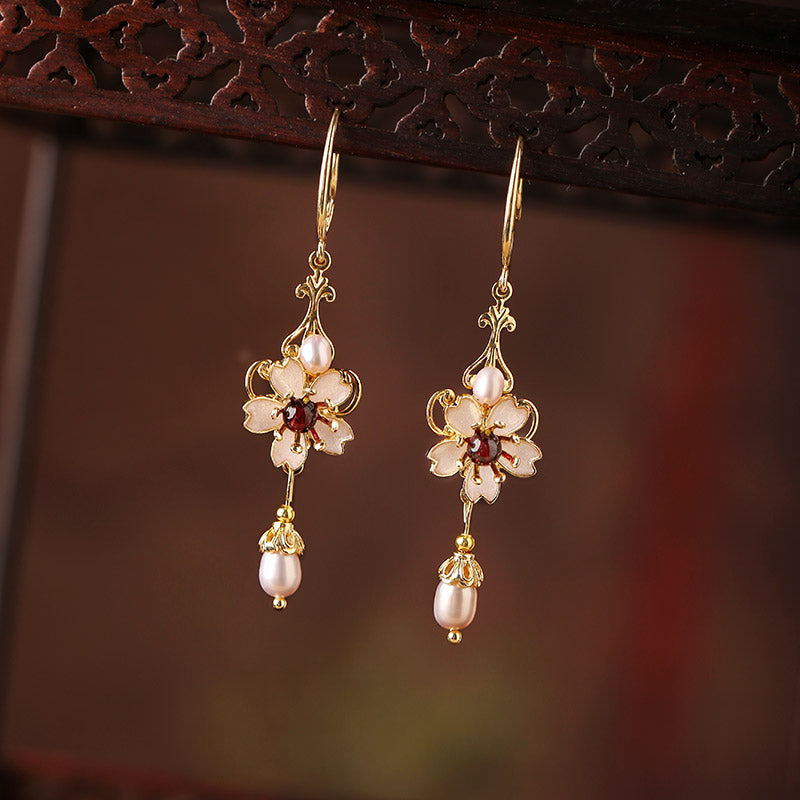 Cloisonne Flower Pearl Earrings