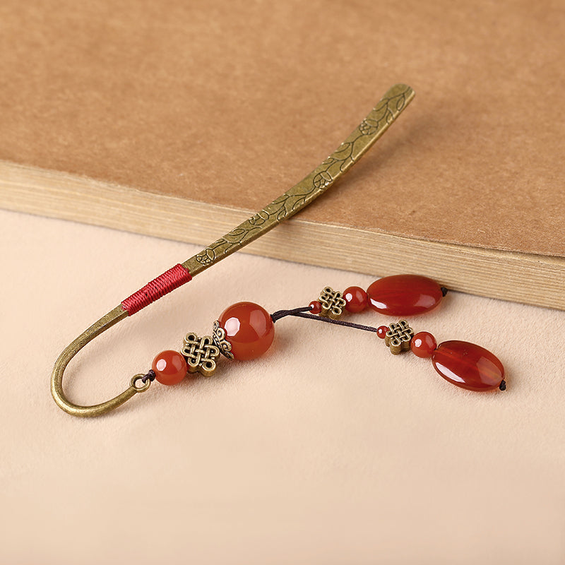 Classical Chinese Style Red Agate Tassel Bookmark
