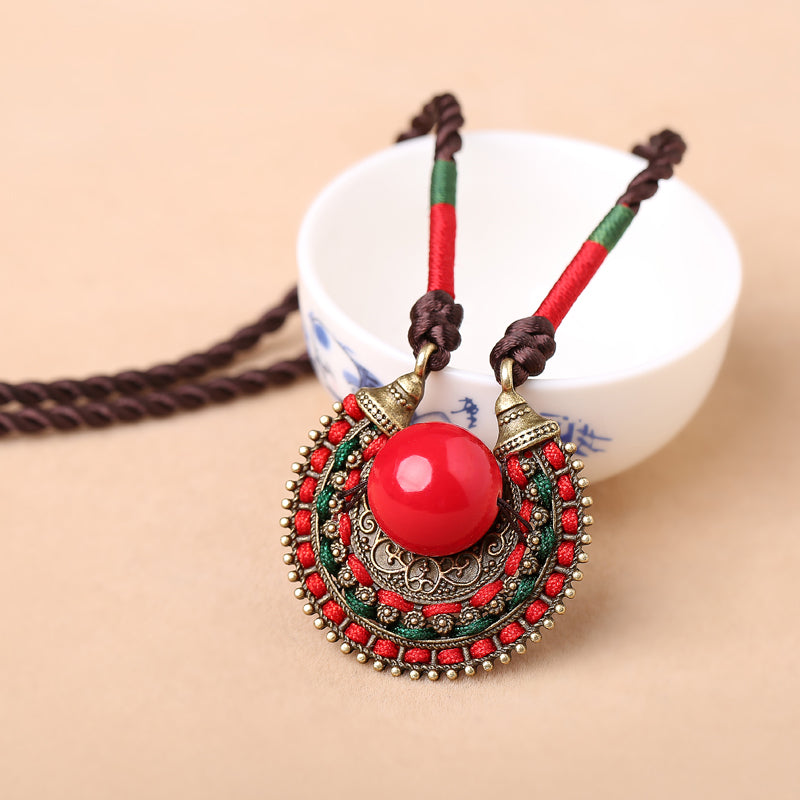 Vintage Handcrafted Woven Red Gemstone Pendant Necklace
