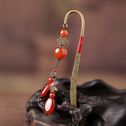 Classical Chinese Style Red Agate Tassel Bookmark