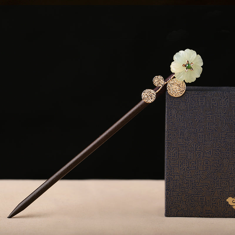 Elegant Jade Stone Flower Green Agate Wood Hairpin