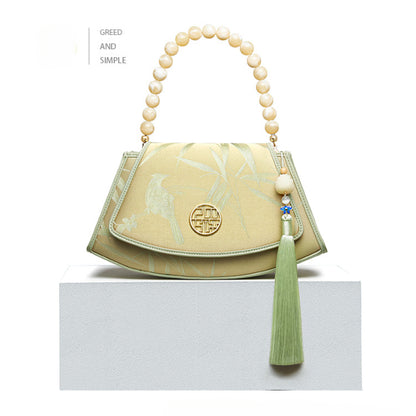 Vintage Bamboo Shadow Watered Gauze Embroidered Genuine Leather Handbag