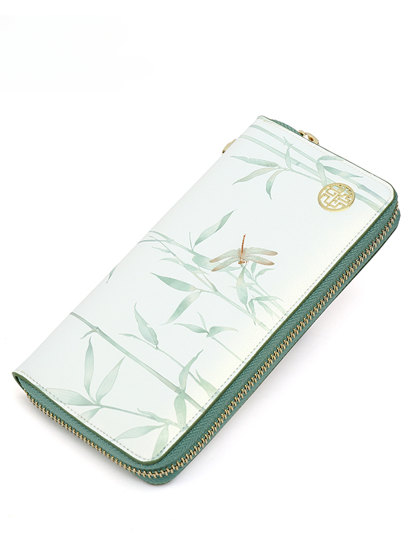 Elegant Bamboo Leaves Embroidered Leather Purse