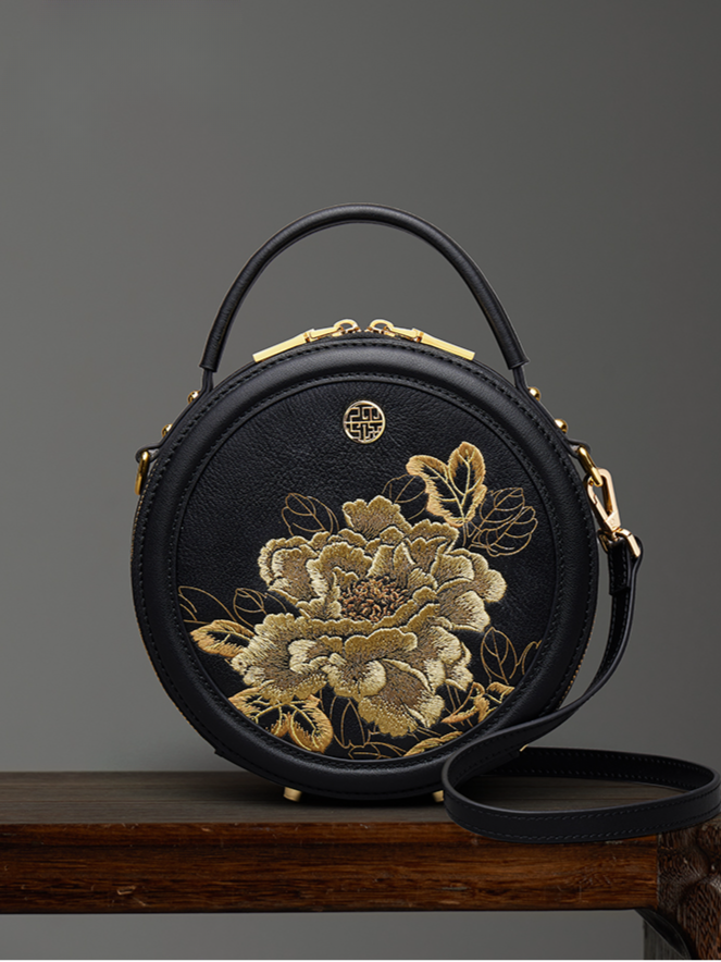 Elegant Peony Embroidered Leather Round Shoulder Bag