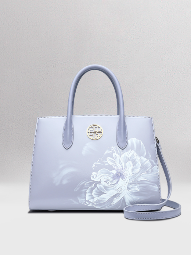 Elegant Purple Peony Dream Embroidered Genuine Leather Handbag