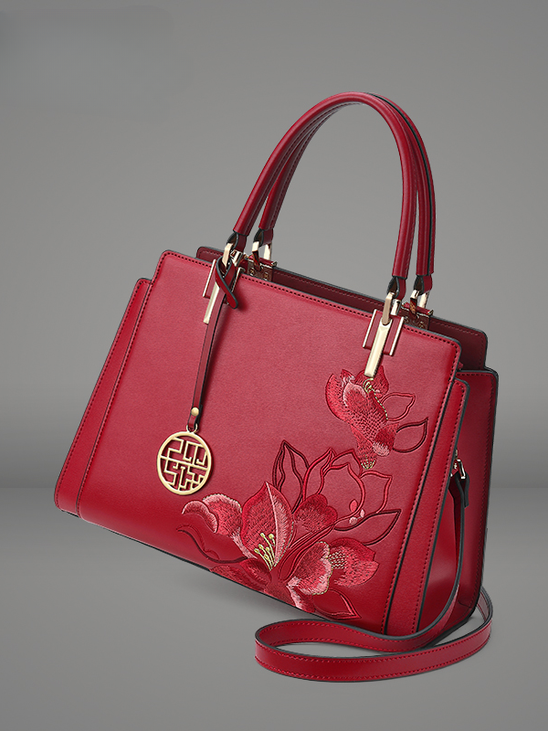 Auspicious Fragrant Snowy Magnolia Embroidered Leather Handbag