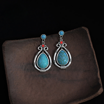 Tibetan Silver Turquoise Water Drop Carved Earrings