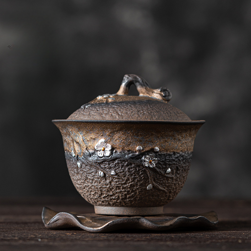 Handmade Stoneware Gold Iron Glaze Plum Blossom Gaiwan