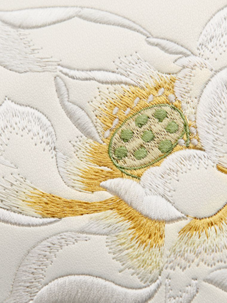Elegant Lotus Ode Embroidered Genuine Leather Handbag