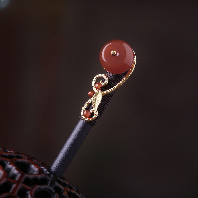 Simple Red Agate Metal Wood Hairpin