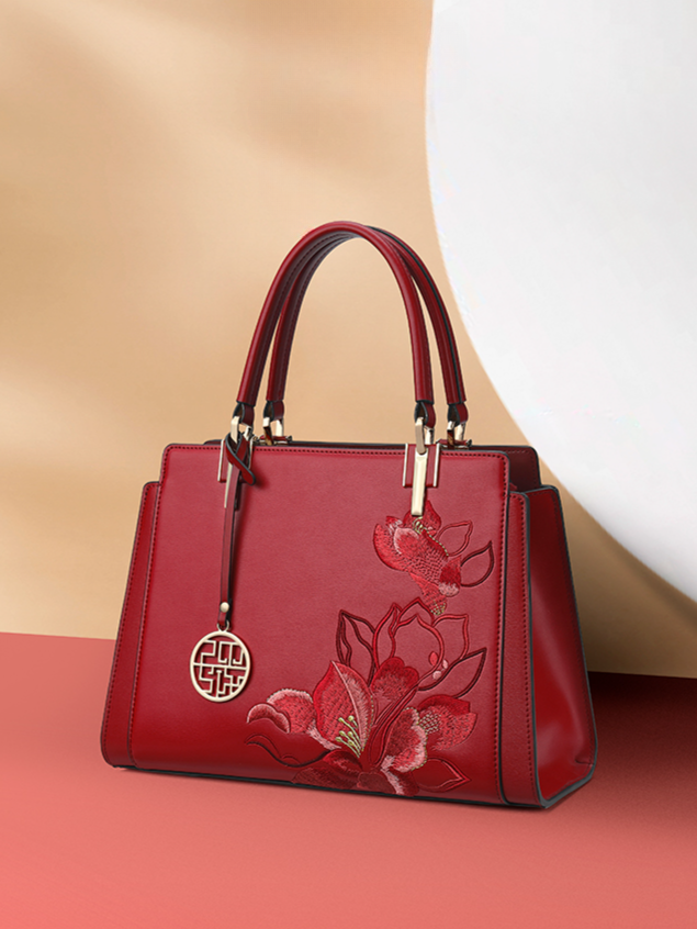 Auspicious Fragrant Snowy Magnolia Embroidered Leather Handbag