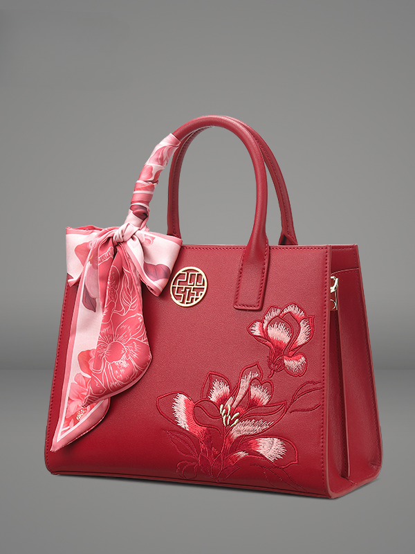 Elegant Jade Orchid Embroidered Genuine Leather Handbag