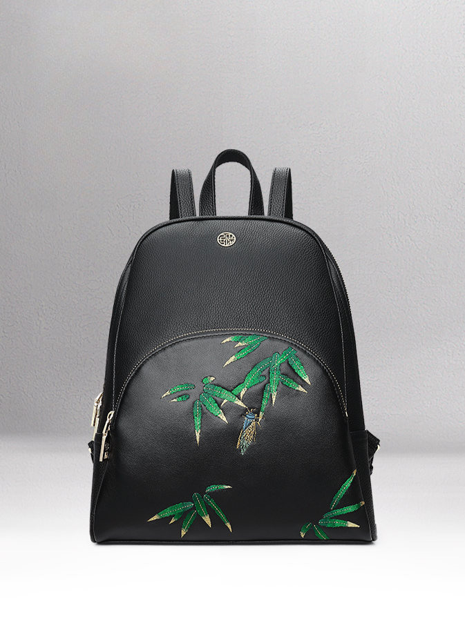 Vintage Bamboo Embroidered Leather Backpack Shoulder Bag