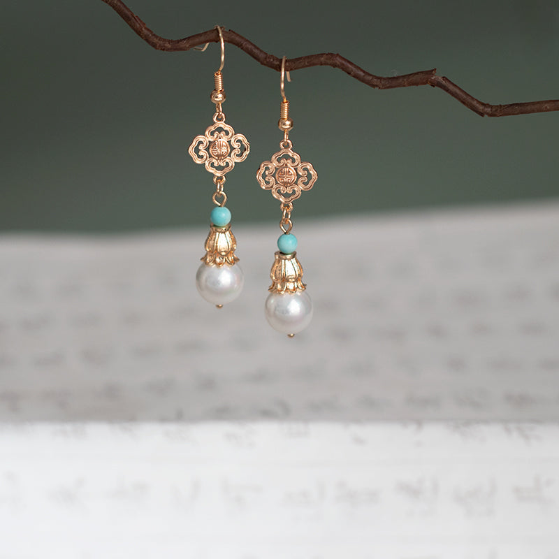 Original Ancient Style Turquoise Pearl Earrings