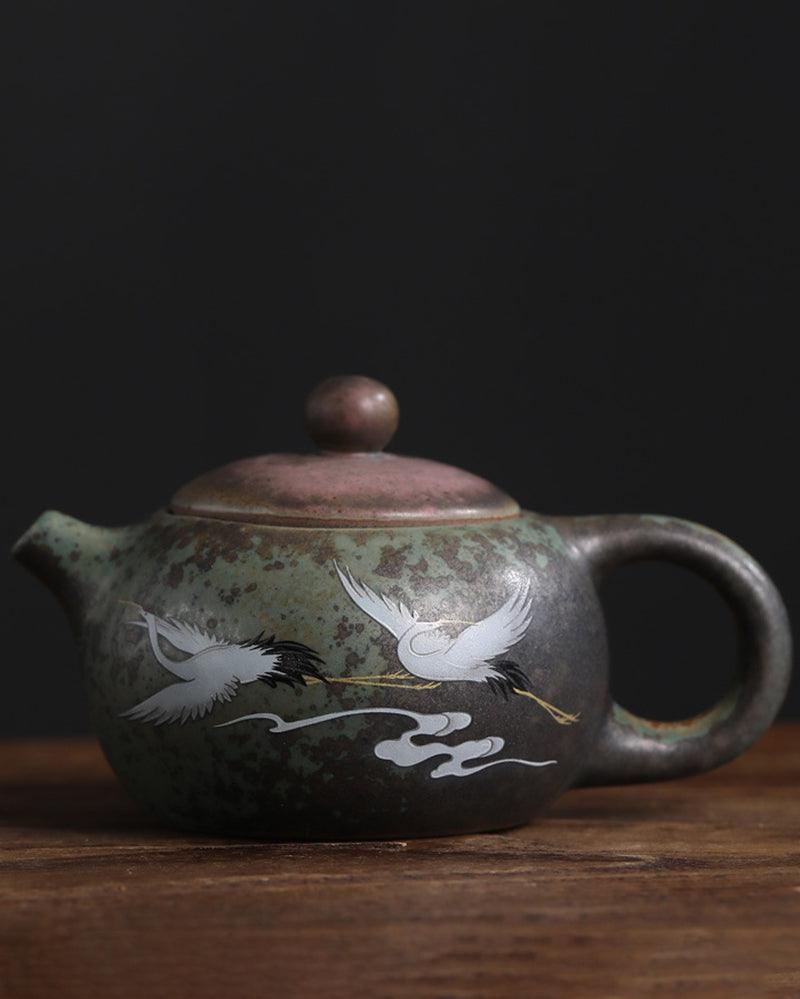 Handmade Red-Crowned Crane Rough Ceramic Teapot - gloriouscollection