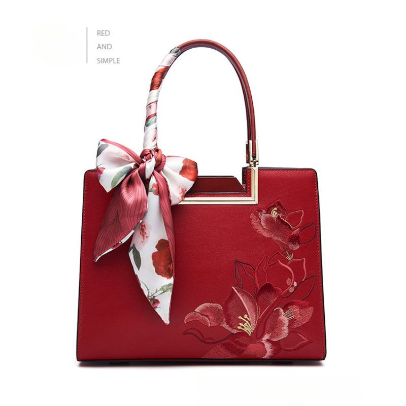 Prosperity Flowers Bloom Embroidered Leather Handbag