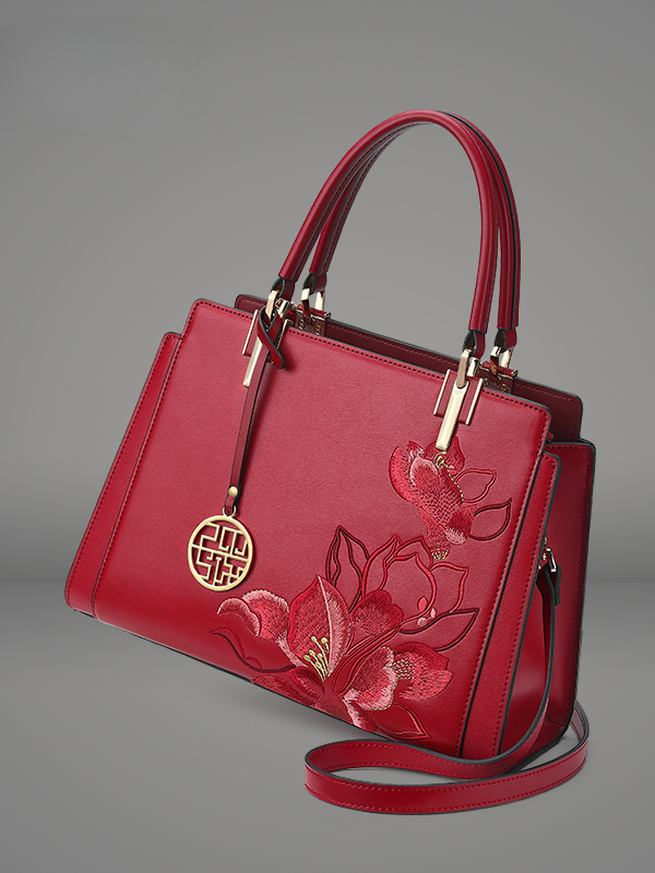 Elegant Fragrant Snowy Magnolia Embroidered Genuine Leather Handbag