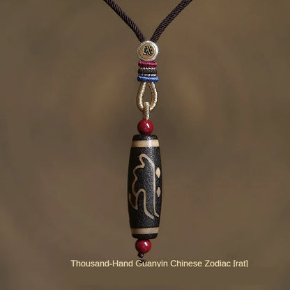 Zodiac Buddha Cinnabar Dzi Bead Pendant Necklace