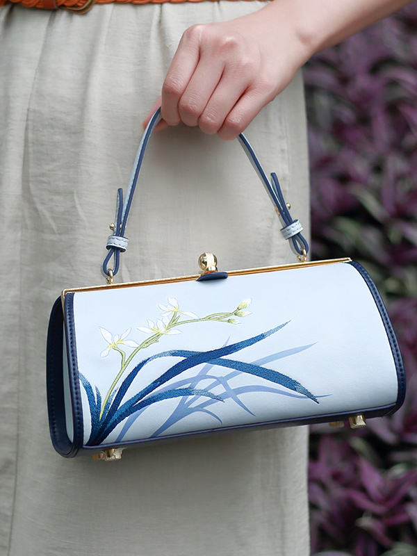 Elegant Ochid Embroidered Leather Handbag
