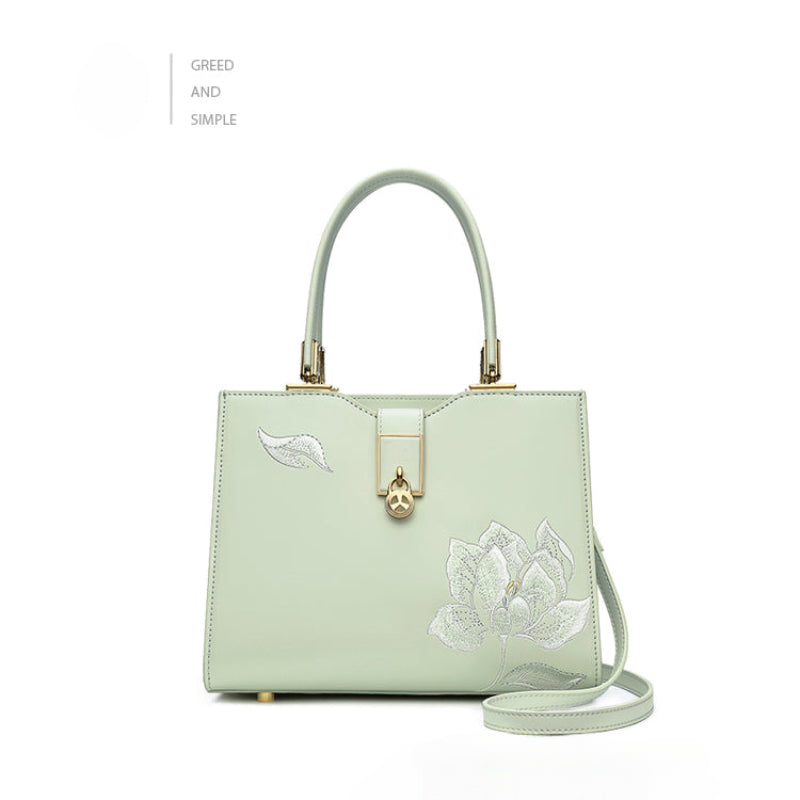 Elegant Snow Lotus Embroidered Leather Handbag