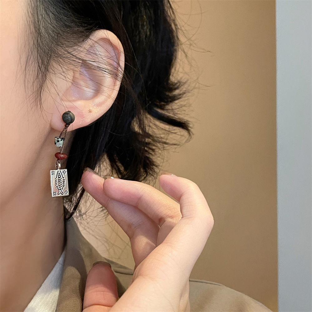 New Chinese Style Fishbone Brand Earrings Retro Ethnic Silver Elegant Earrings