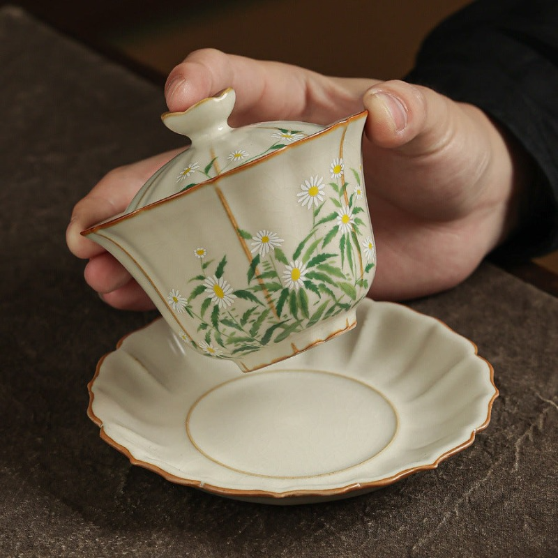 Ru Ware Gaiwan Tea Cup Ceramic Large Kung Fu Tea Set with Lid