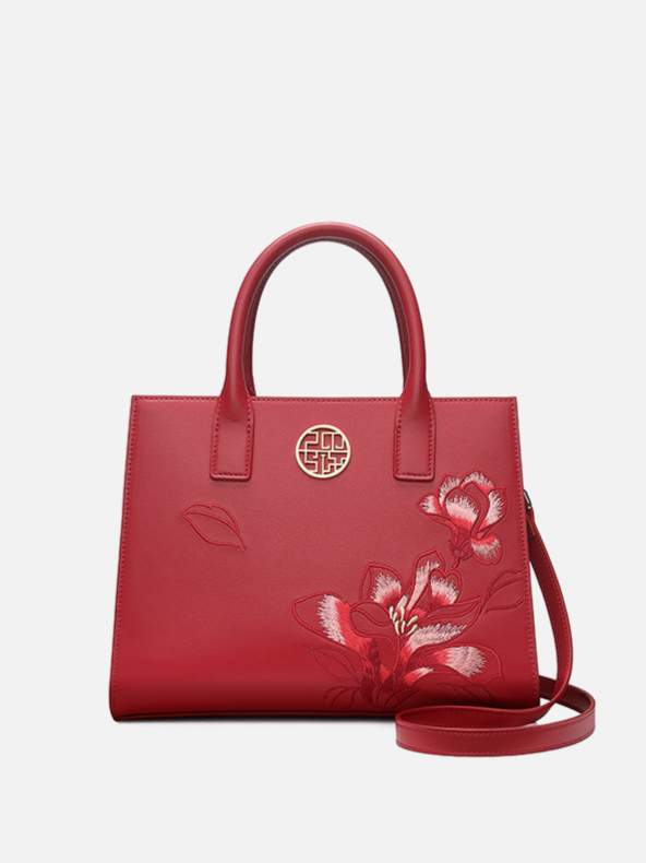 Elegant Magnolia Silk Scarf Embroidered Genuine Leather Handbag