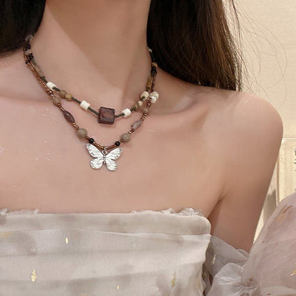 Retro Beaded Butterfly Necklace With Clavicle Chain Accessories