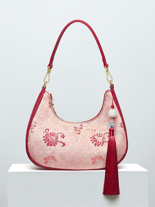 Vintage Song Brocade Mulberry Silk Embroidered Leather Handbag