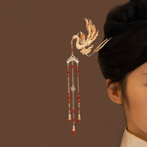 Double-Sided Phoenix Red Agate Tassel Hairpin