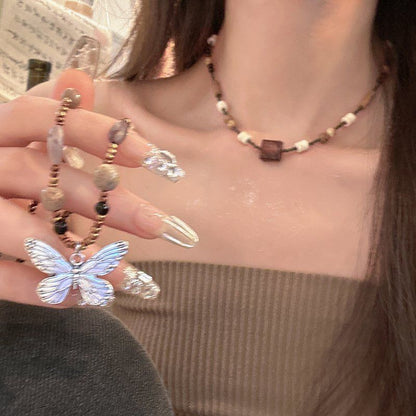 Retro Beaded Butterfly Necklace With Clavicle Chain Accessories