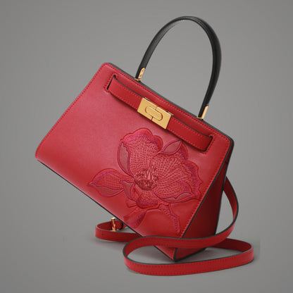 Elegant Ochid Embroidered Leather Handbag