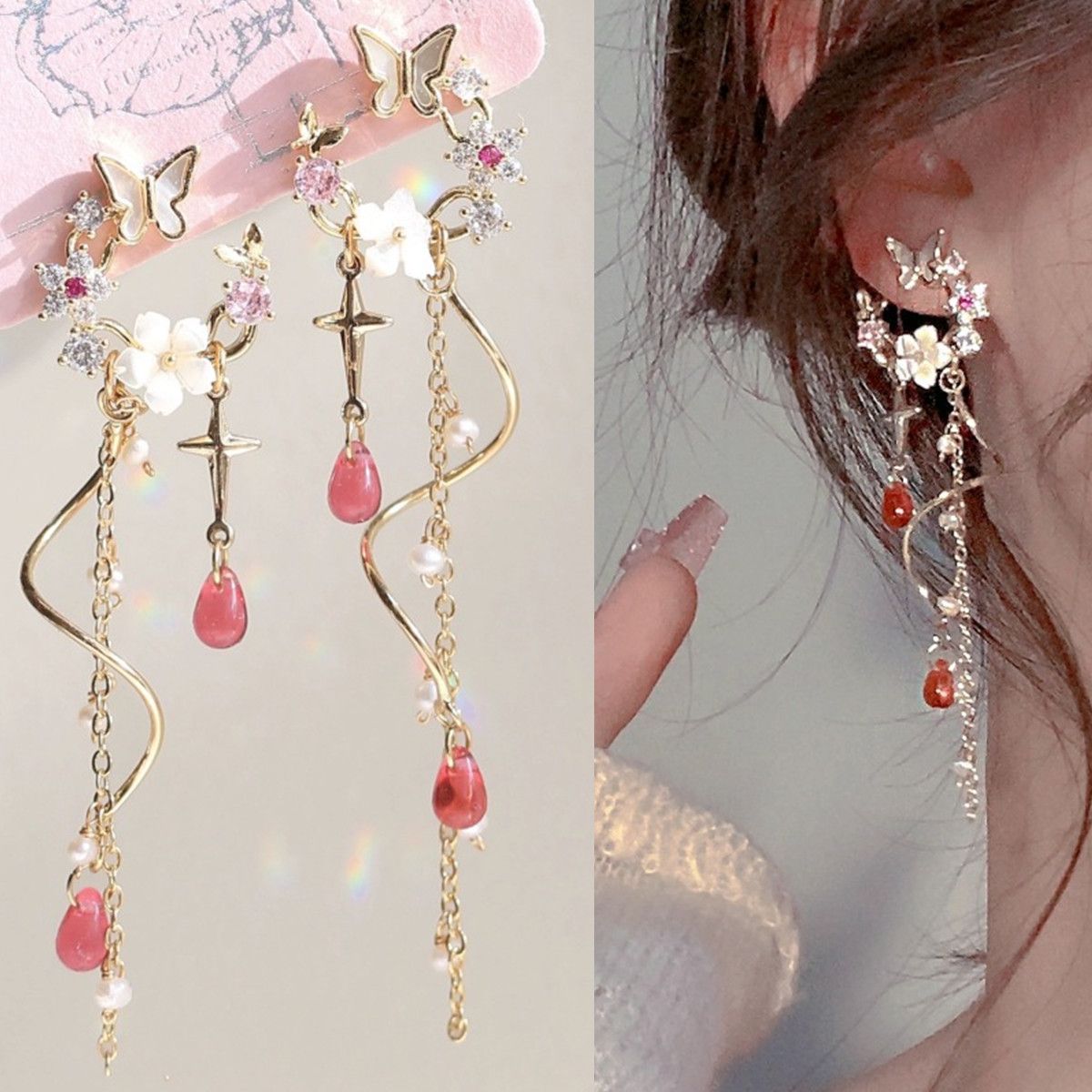 Butterfly Tassel Pink Long Earrings Temperament Exquisite Colorful Earrings