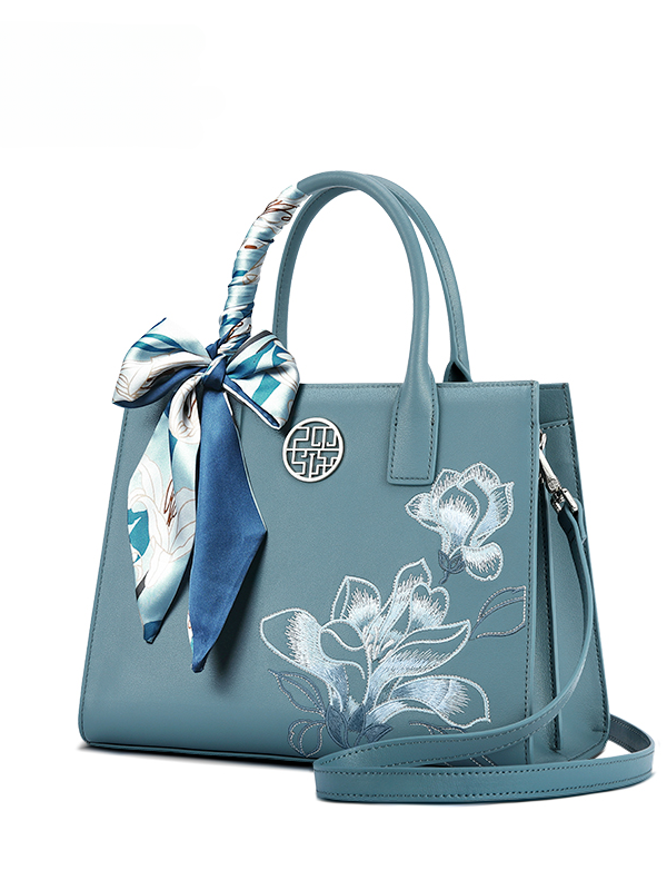 Elegant Jade Orchid Embroidered Genuine Leather Handbag