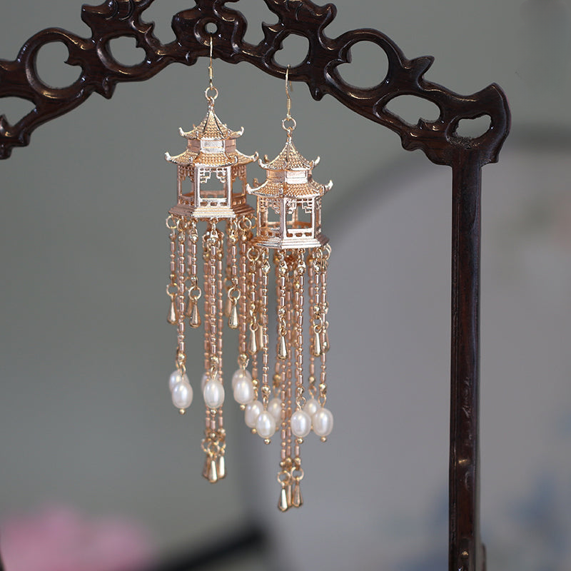 Pavilion Pearl Tassel Copper Earrings