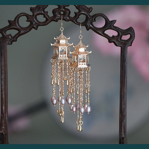 Pavilion Pearl Tassel Copper Earrings