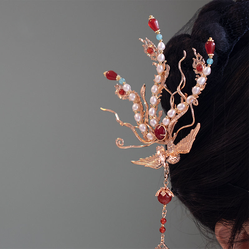 Original Handmade Pearl Agate Phoenix Tassel Hairpin