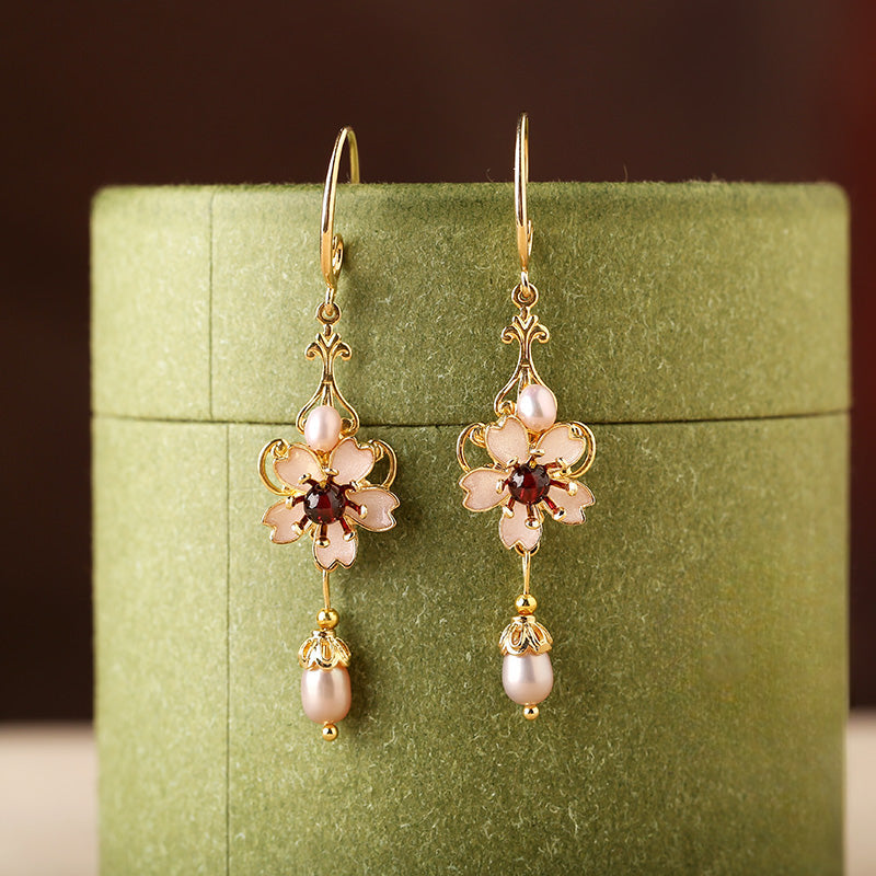 Cloisonne Flower Pearl Earrings