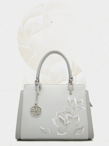 Snow Lotus Handmade Embroidery Leather Handbag