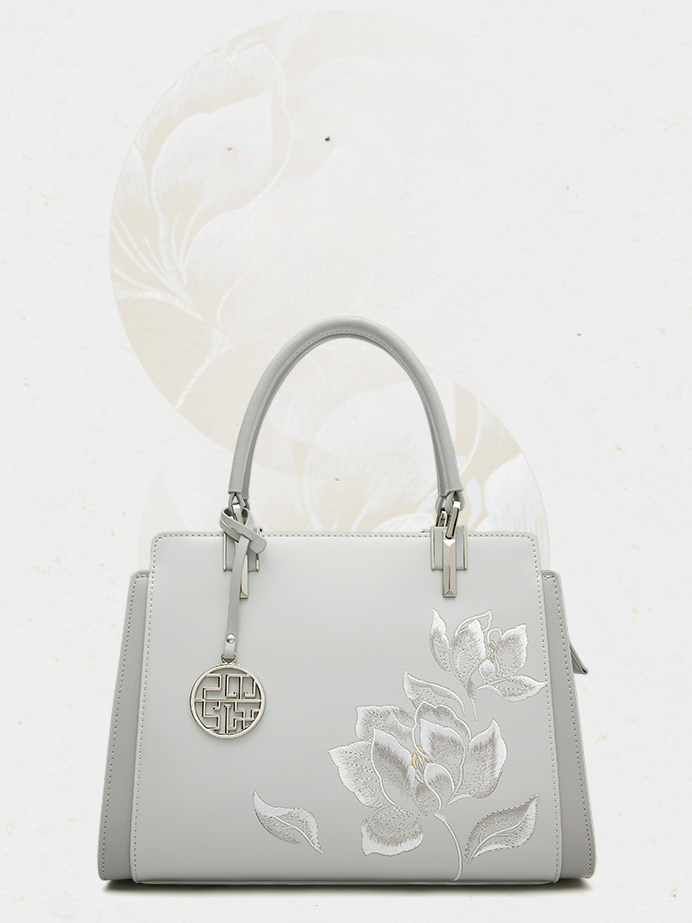 Snow Lotus Handmade Embroidery Leather Handbag